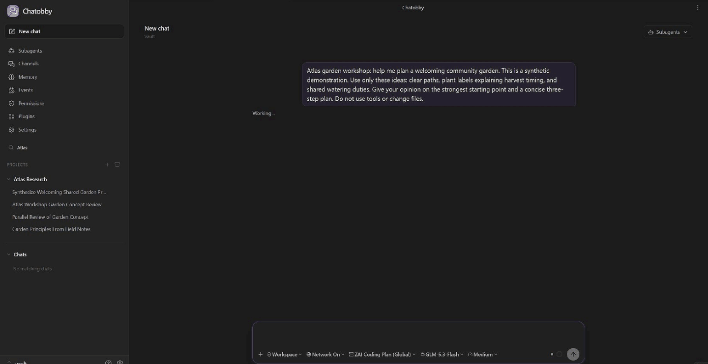 Chatobby running in Obsidian: navigate a Project, read an agent response and open the linked field-guide note beside the chat.