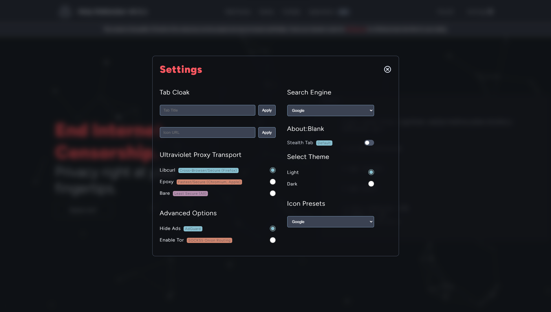 Holy Unblocker settings page