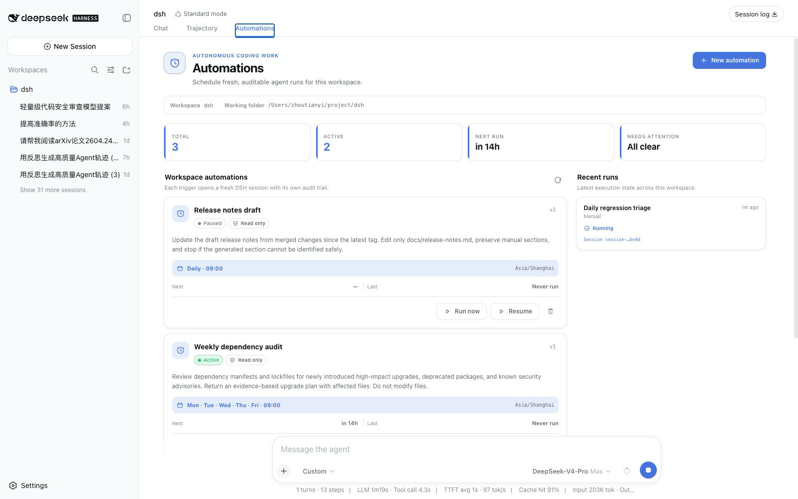 Automation dashboard showing workspace rules, next runs, and recent outcomes