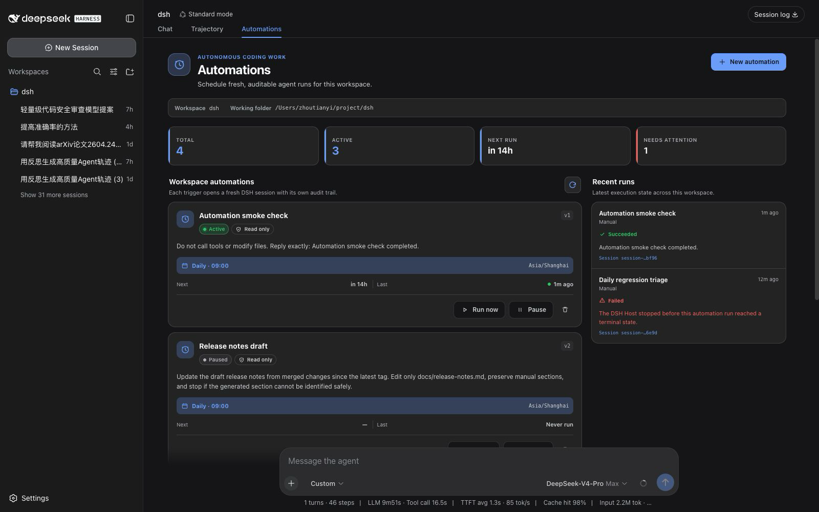 Run history with a completed run, an interrupted failure, summaries, and result Session links