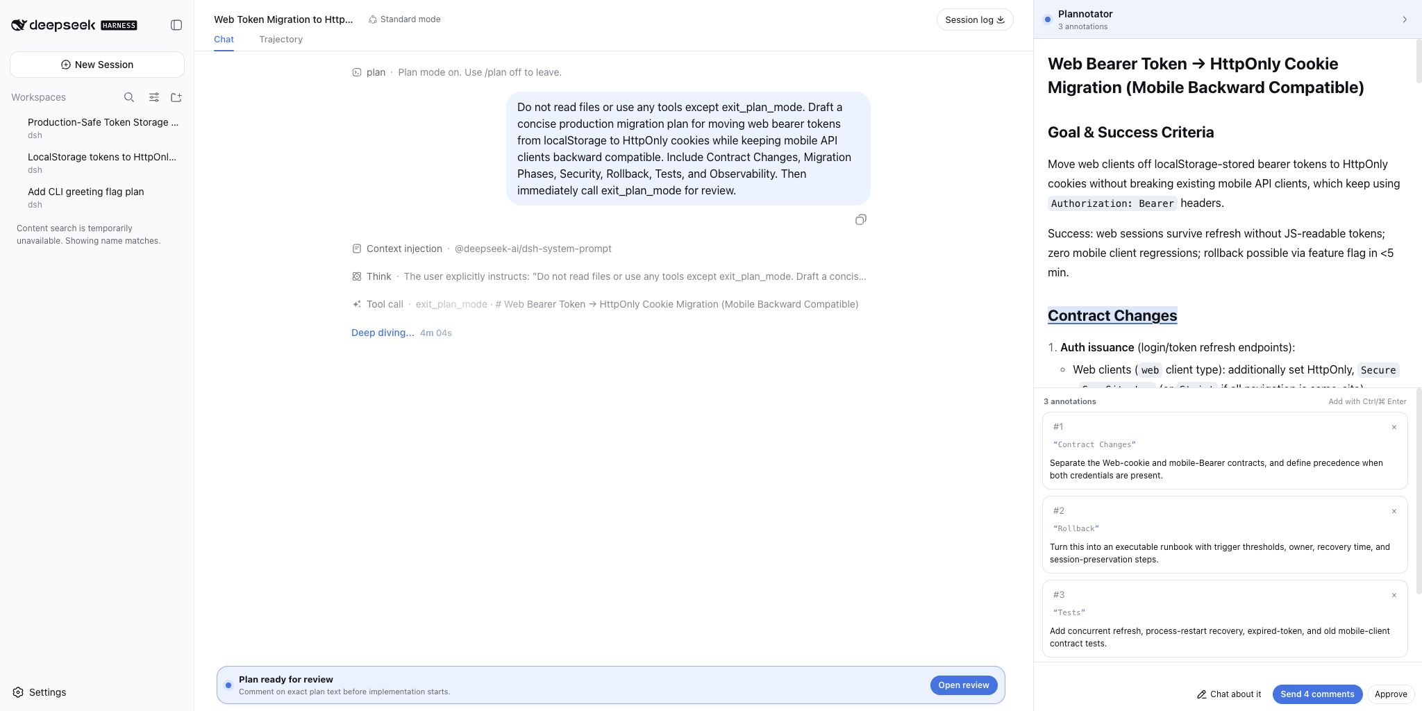A real plan review docked beside the DeepSeek Harness conversation