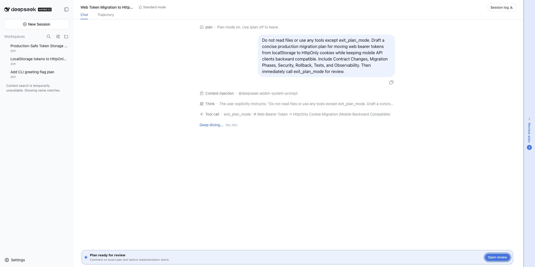The review collapsed to an edge rail while the conversation remains usable