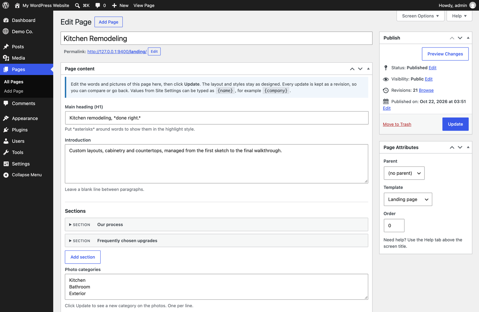 The page form in wp-admin