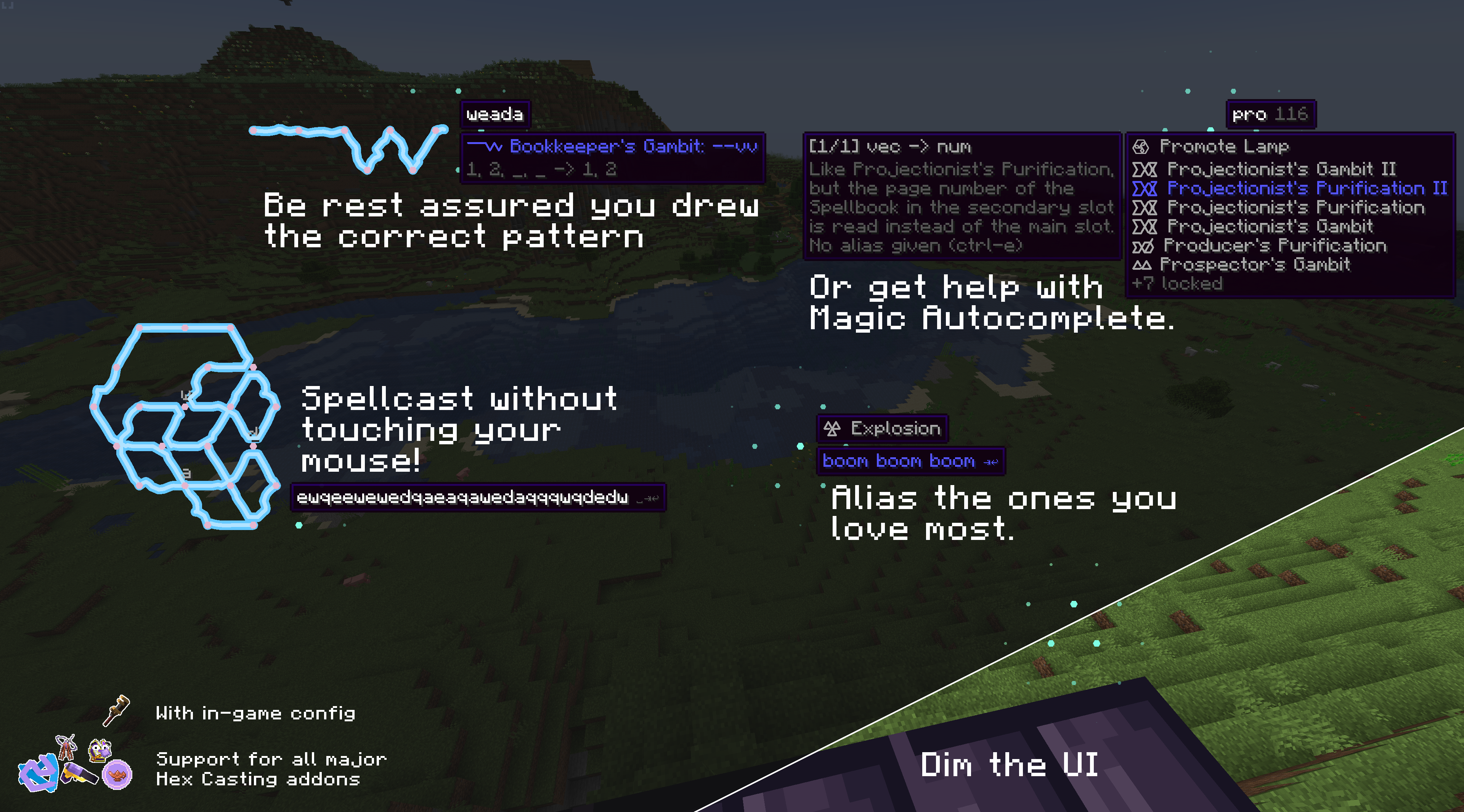 A dimmed Minecraft screenshot with Hexcessible tooltips on top