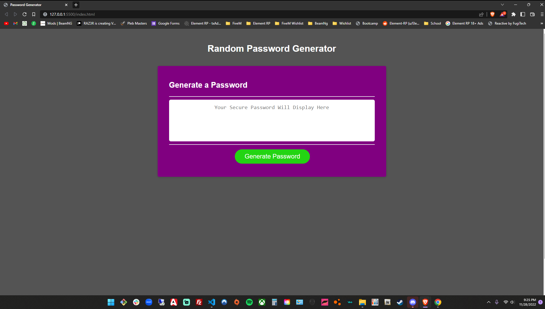 Screenshot of Random Password Generator Webpage.
