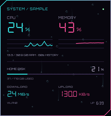 Animated rain on the system widget; sample readings