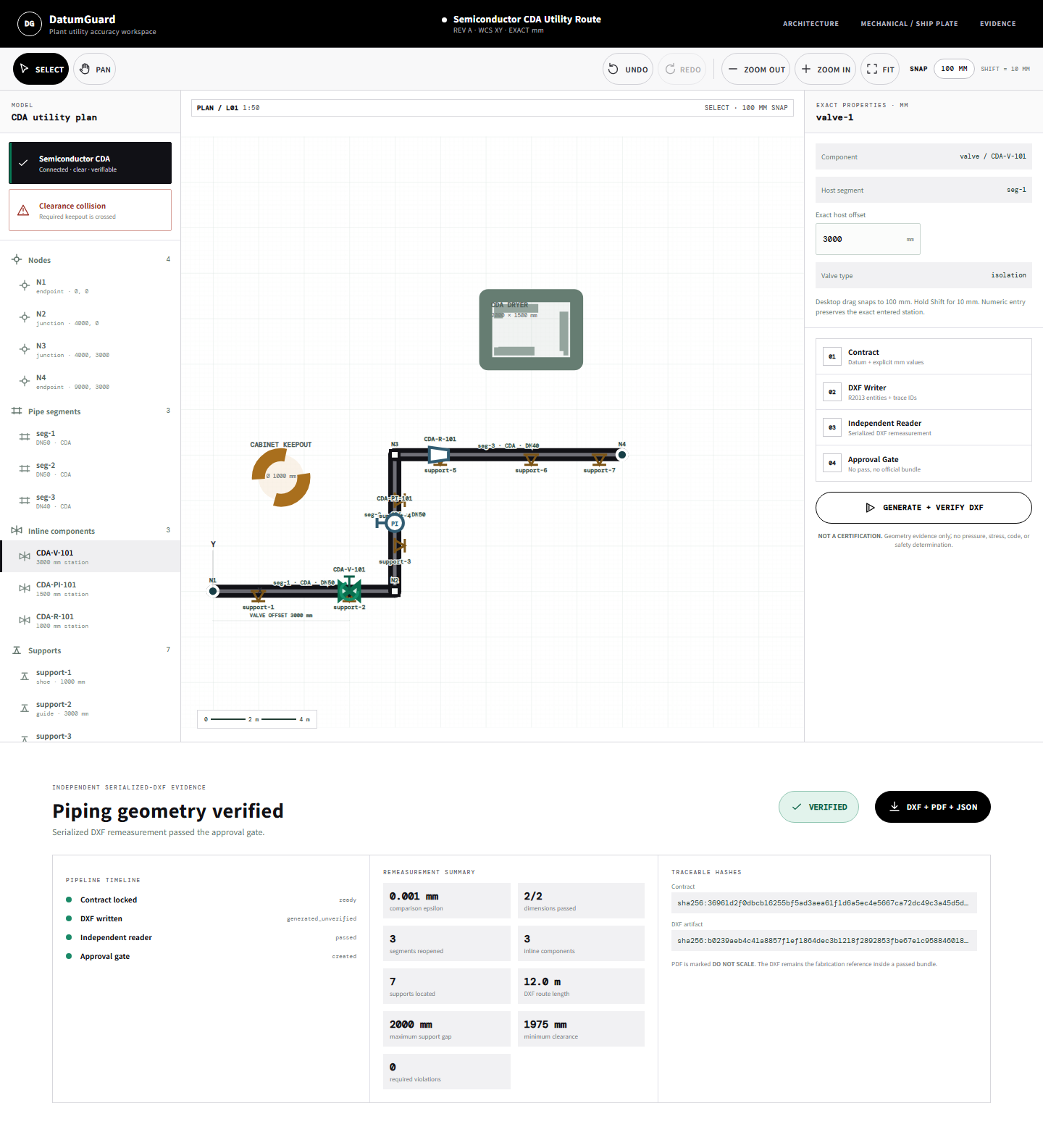 DatumGuard의 CDA utility piping route, support와 clearance 독립 DXF 검증 결과