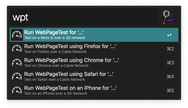 A screenshot showing the various commands for the WebPageTest Alfred workflow