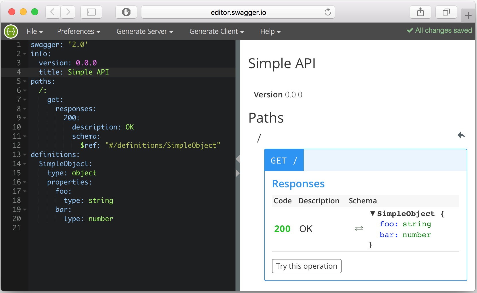 Screenshot of the Swagger Editor