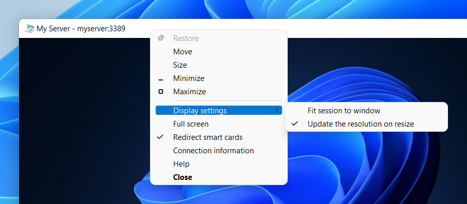 Screenshot of the advanced display settings in the Remote Desktop client.
