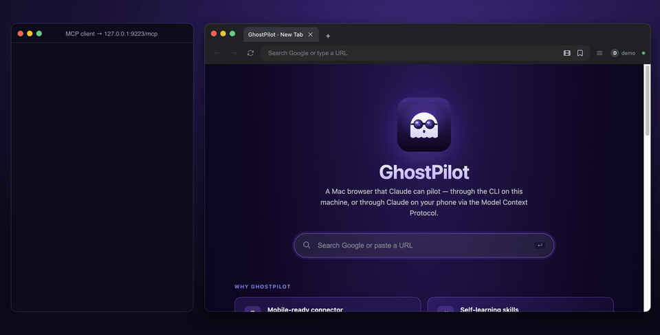 An MCP client drives GhostPilot: navigate to Wikipedia, find the search box, type, click Search, read the article