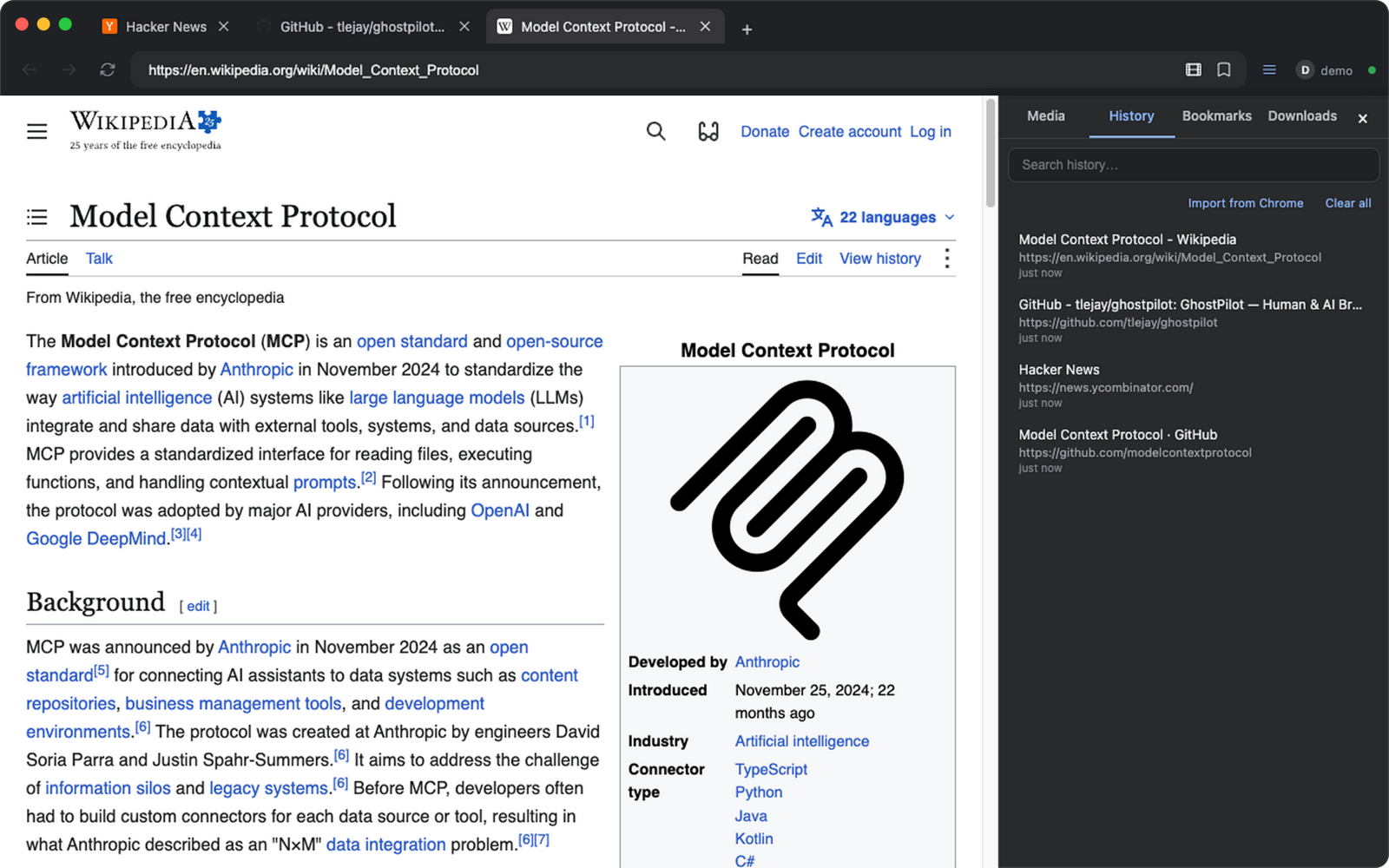 Tabs with the history side panel open