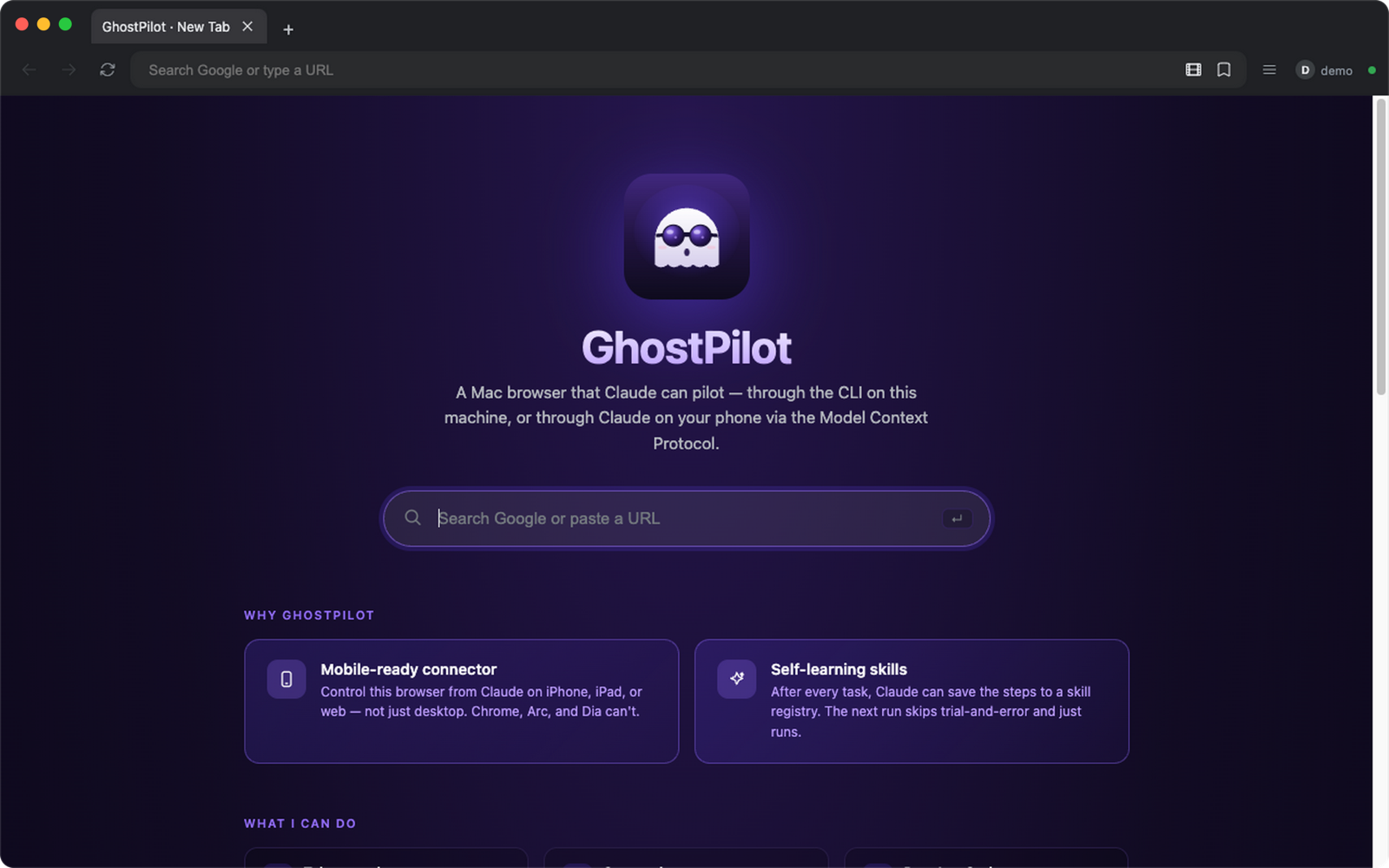 GhostPilot new tab page