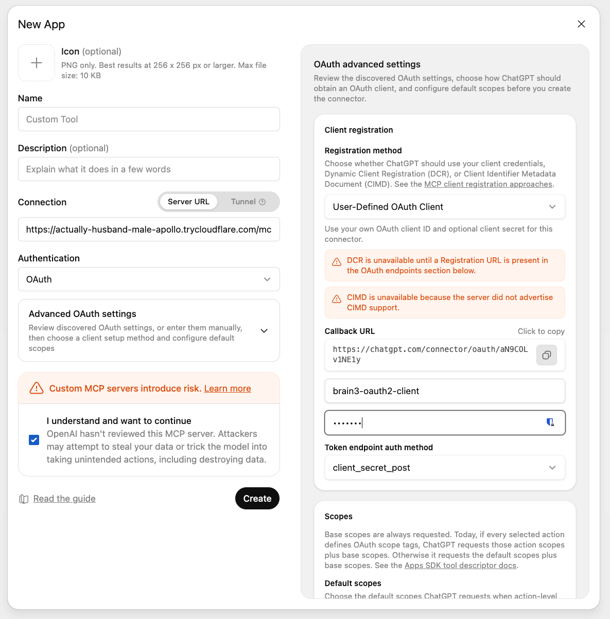 ChatGPT connector configuration screenshot