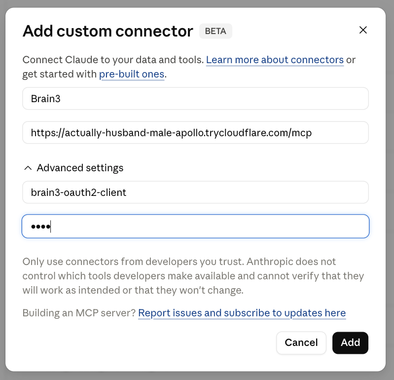 Claude connector configuration screenshot