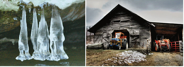 Two photos, one of icicles and the other of red tractors next to an old barn