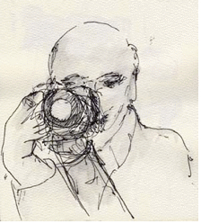 Sketch of man pointing camera at viewer