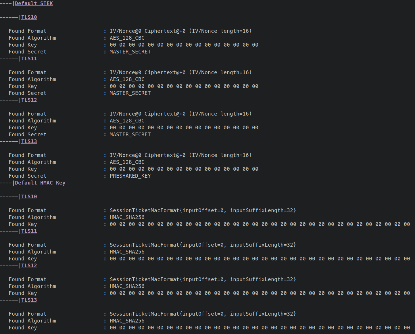 Details about the used default STEK for encryption and MAC