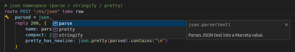 Marreta completions with inline documentation in VS Code