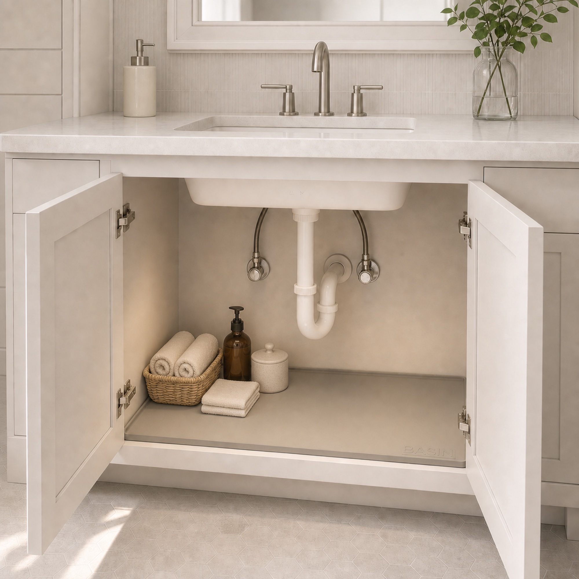 Basin Mat installed in a bathroom vanity cabinet