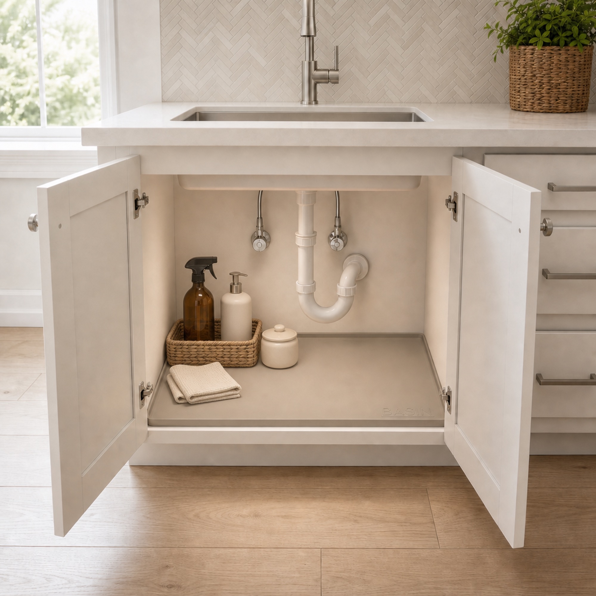 Basin Mat installed in a kitchen sink base cabinet, styled with bottles and a basket