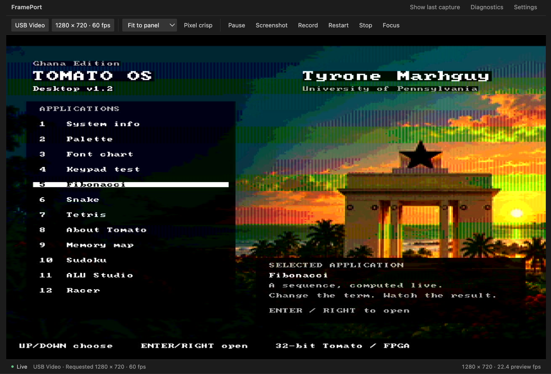 Tomato OS running on an FPGA, viewed through FramePort