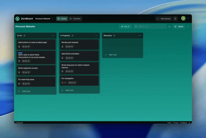 ZeroBoard demo — AI-powered Kanban boards