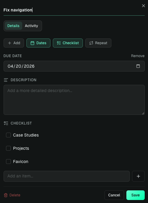 Card editor with labels, covers, and checklists