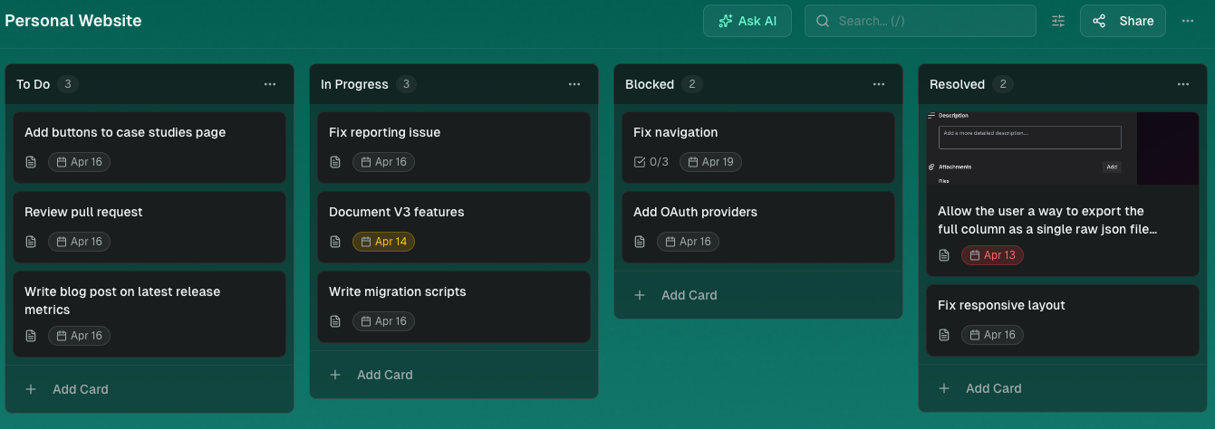 Kanban board with drag-and-drop columns and cards