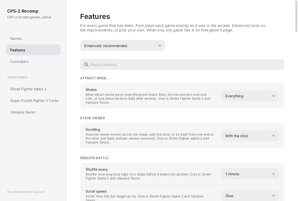 The Features page: what the games share, set for all of them at once