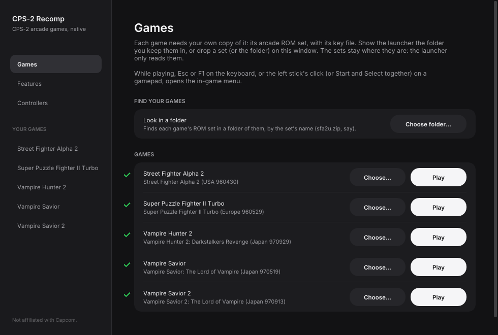 The launcher: every game whose ROM set you have, ready to play