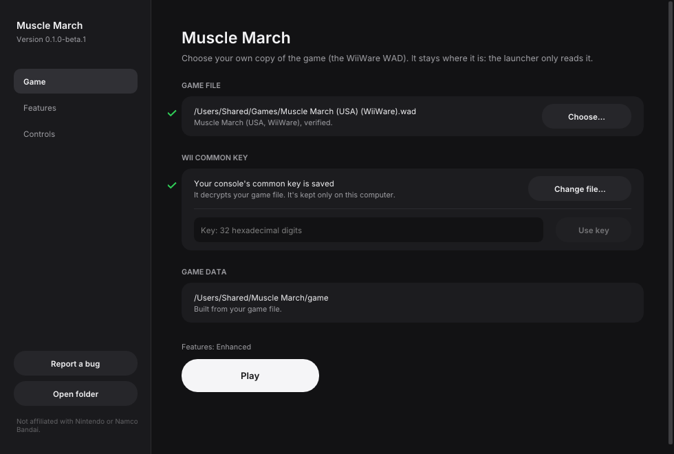 Launcher do port de Muscle March com seleção do WAD próprio e botão Play