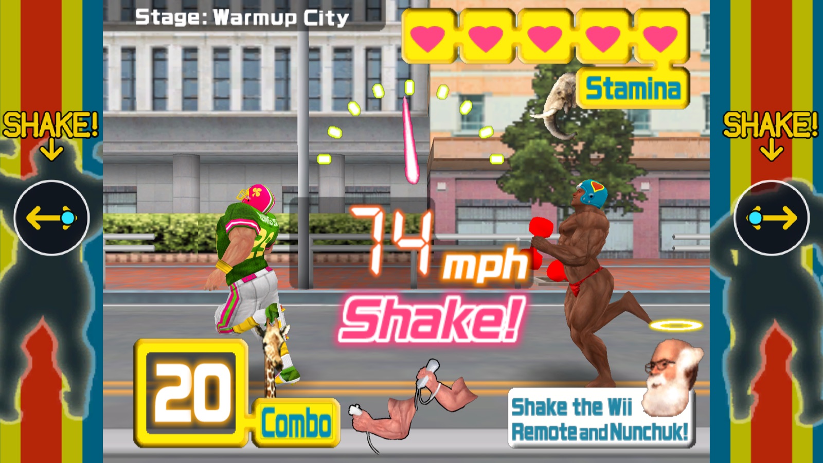Gameplay do port de Muscle March com aviso SHAKE e comandos de corrida