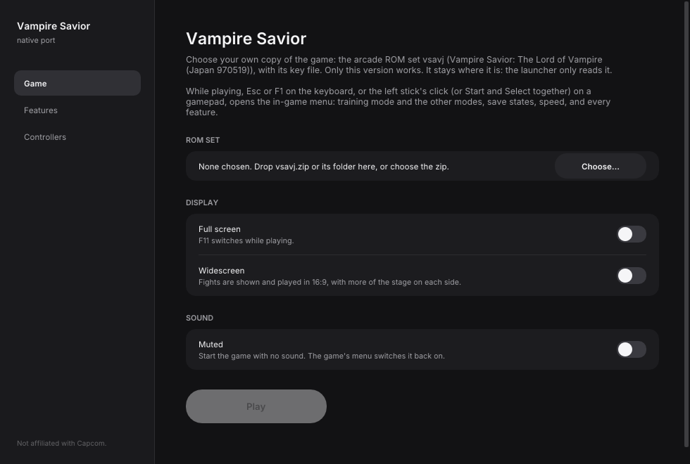 Launcher de Vampire Savior com seleção dos arquivos e opções
