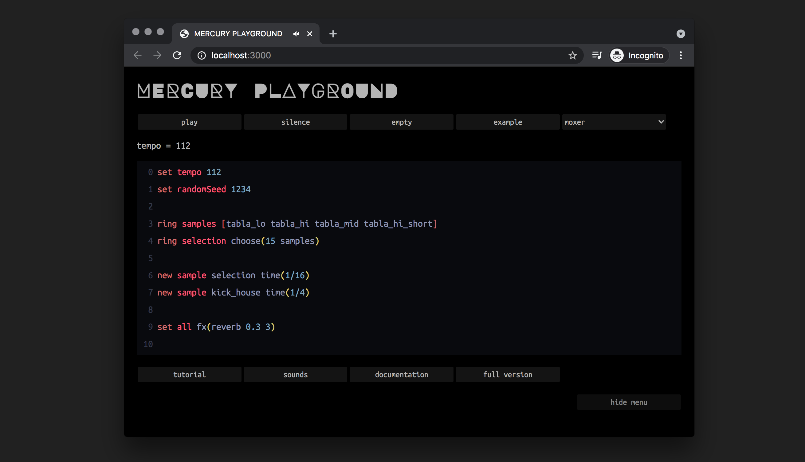 The Mercury playground in the browser