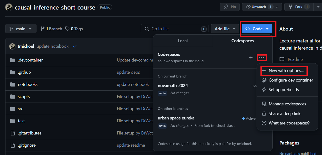 Github create codespace screenshot