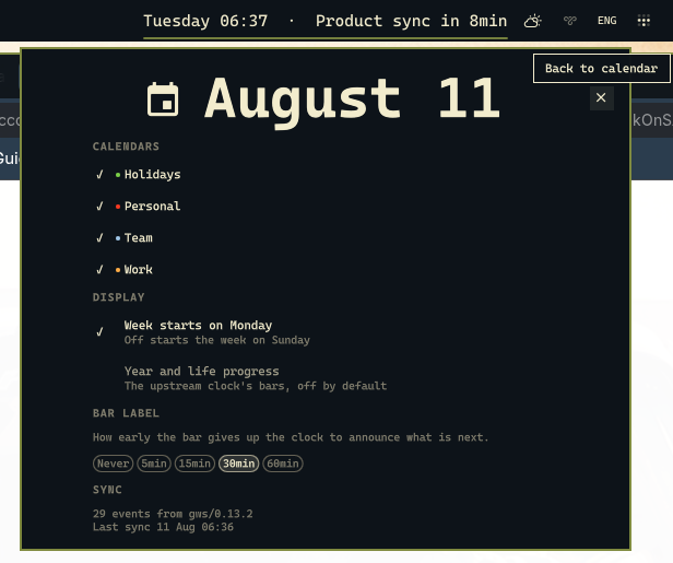 The settings page