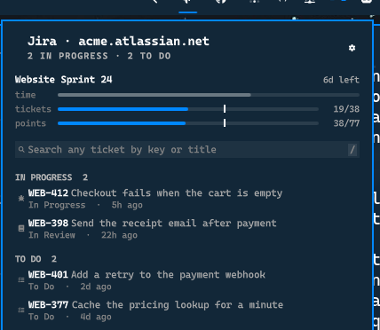 The Jira panel showing sprint progress and assigned tickets