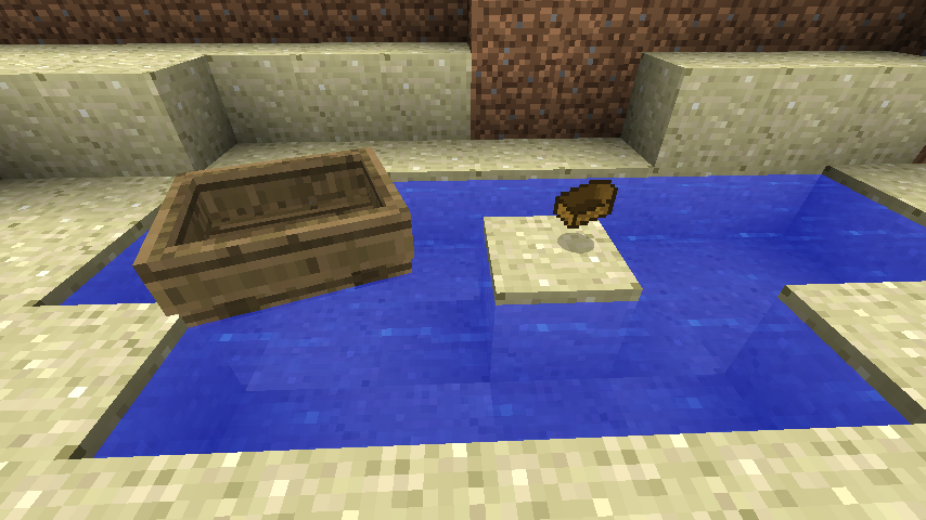 Screenshot of Minecraft 1.7.3 with a boat, and a broken boat with the boat item dropped.