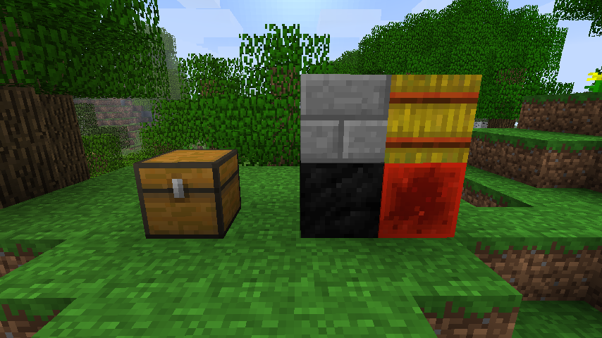 Screenshot of Minecraft Beta 1.7.3 showcasing Stone Bricks, Hay Bale, Coal Block, and Redstone Block.