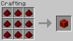 Recipe for Redstone Block, which requires 9 redstone in a square pattern, and crafts 1 redstone block.