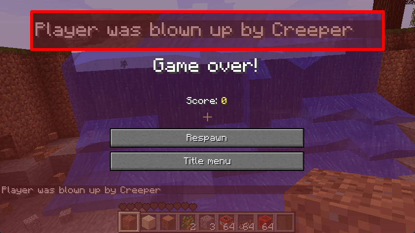 Screenshot of Minecraft Beta 1.7.3 with a dead player, showing 