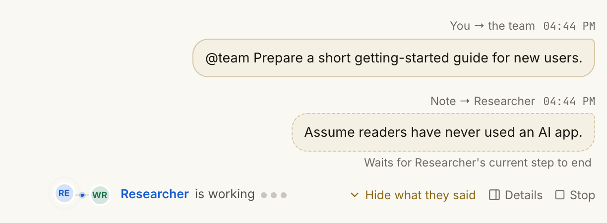 A live timeline with rows for Researcher, You and Writer, and the latest event: Researcher handed the work to you.