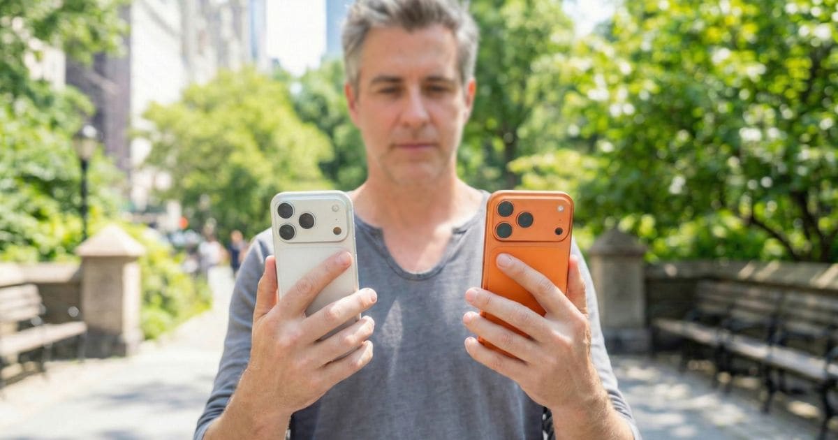 iPhone 17シリーズを比較する男性