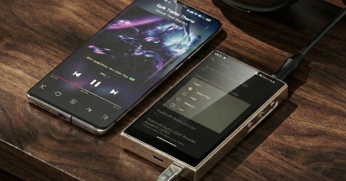 スマートフォンとFiio M21を並べて比較している様子。専用機の堅牢なデザインと音楽再生画面の違いがわかる。