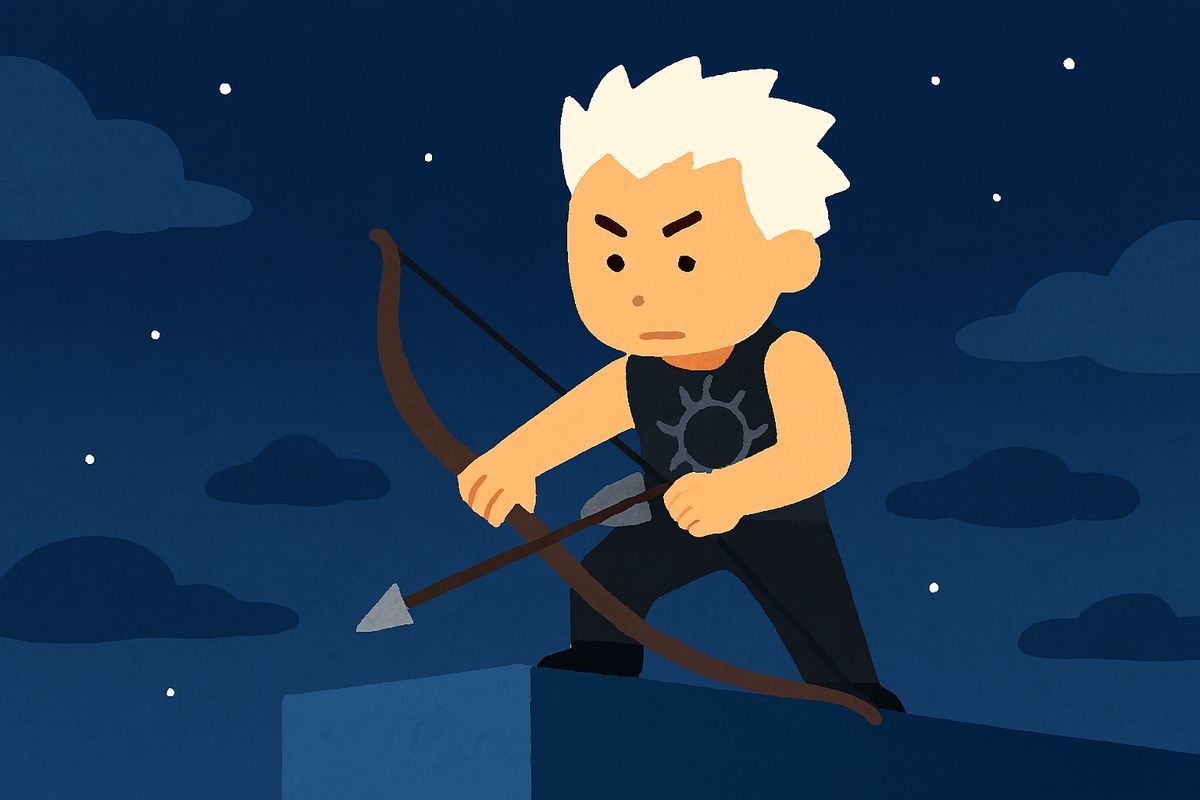 fate hollow ataraxia アーチャー エミヤがビルの屋上から狙っている。いらすとや風。