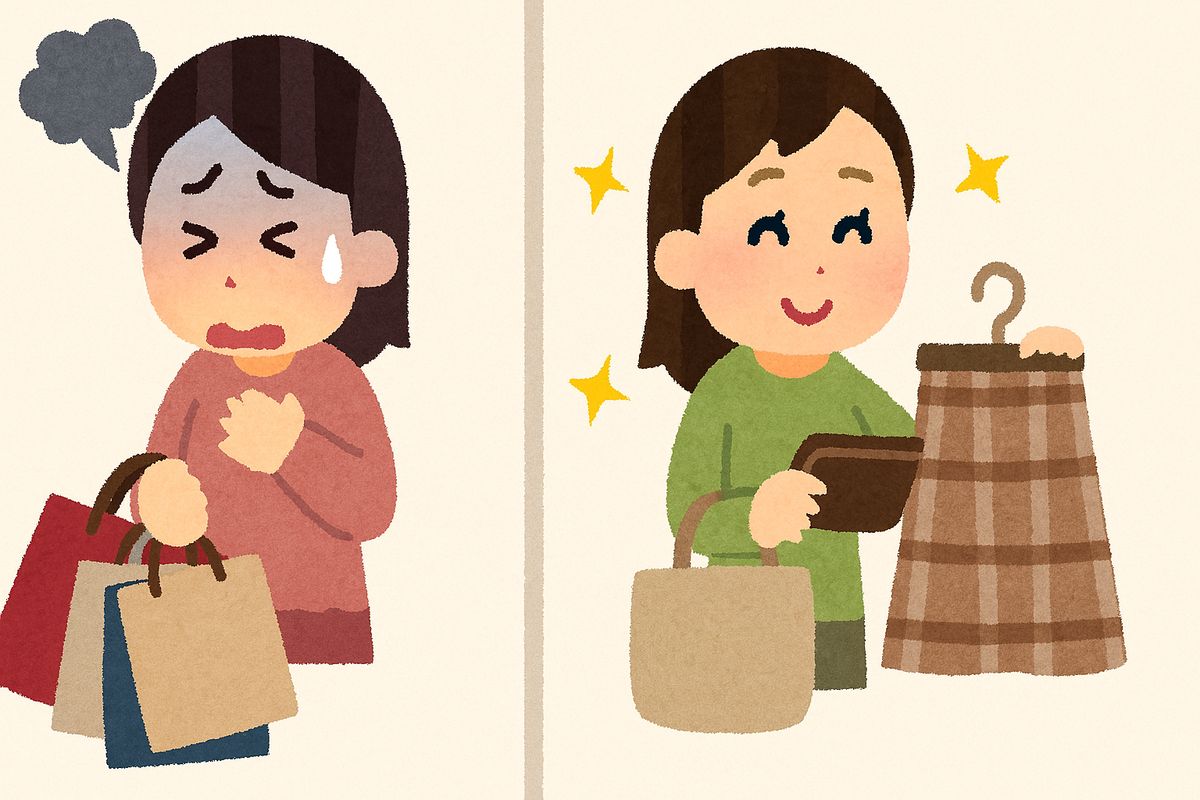 衝動買いで後悔する状態と、落ち着いて選ぶ状態の対比イメージ