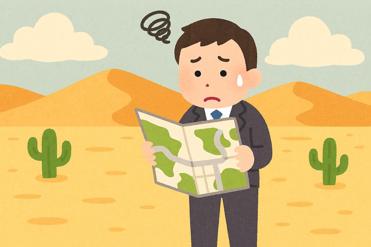 スーツを着たサラリーマンが地図を見ながら砂漠で迷っている スーツを着たサラリーマンが地図を見ながら砂漠で迷っている