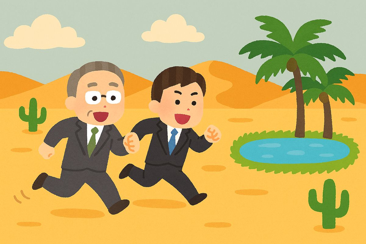 スーツを着たサラリーマンの上司と部下が、砂漠でオアシスを見つけて走っている スーツを着たサラリーマンの上司と部下が、砂漠でオアシスを見つけて走っている