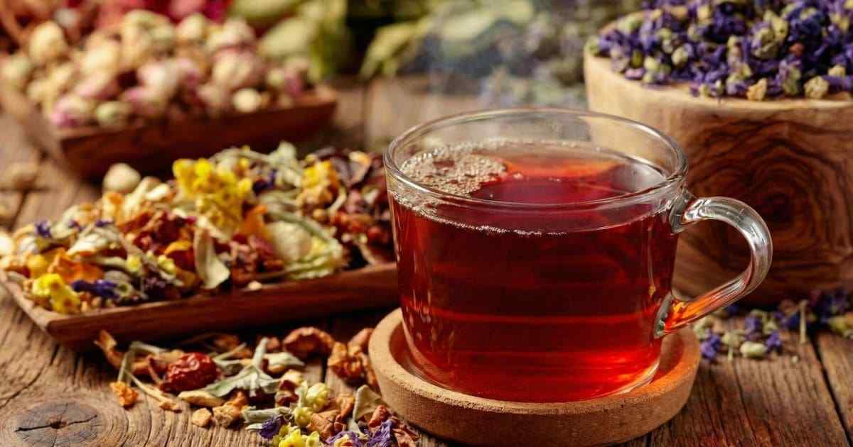 マグカップに注がれたハーブティーと横に置かれた乾燥スパイス